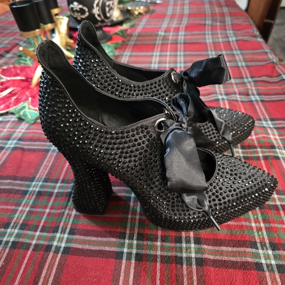Dolls Kill Shoes - Dolls Kill Black Studded Heels with Satin Bow